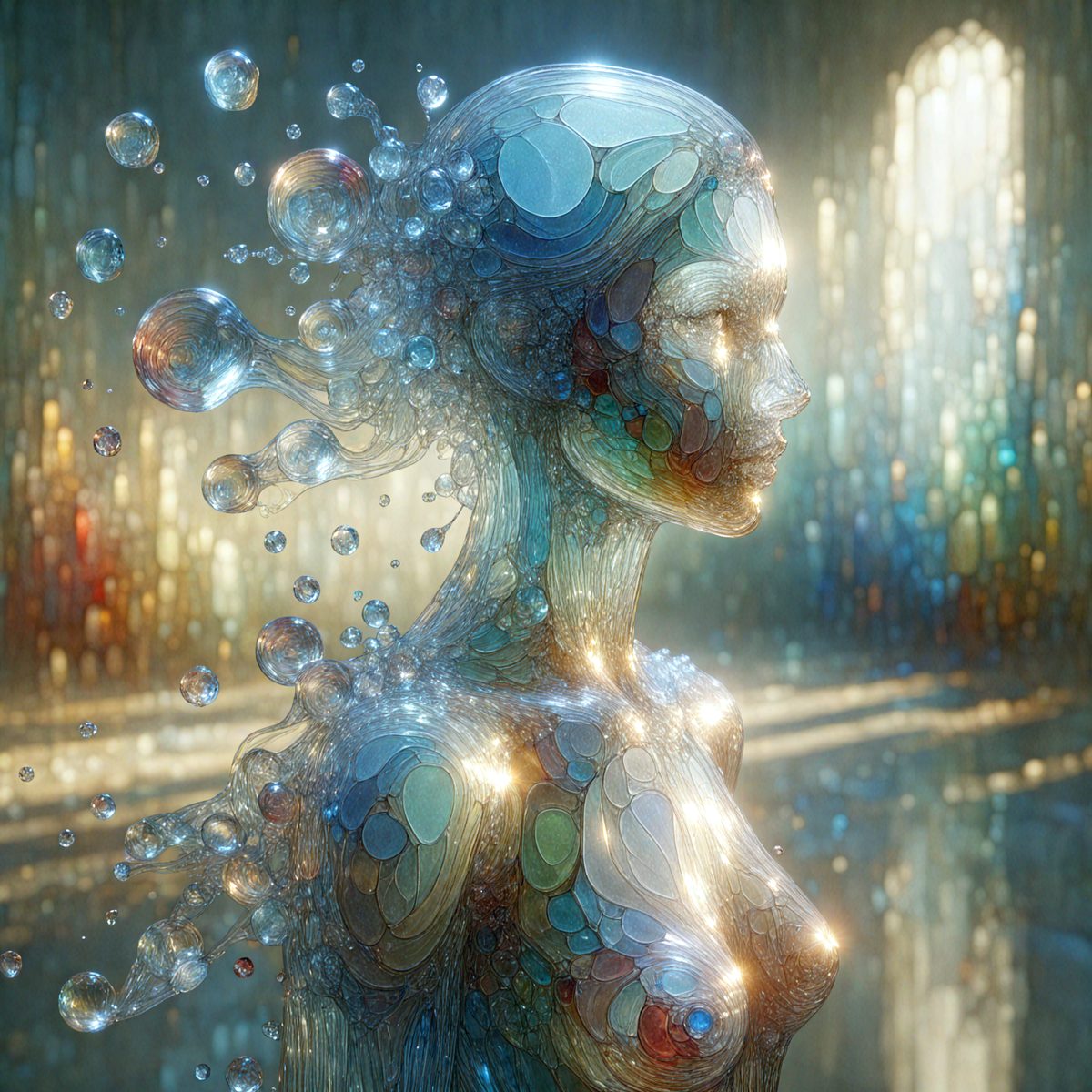 The primary subject of the image is a woman with a unique and artistic appearance. She is surrounded by a visually striking environment, featuring a combination of water, glass, and light. The setting includes a glass-like background and a water-like surface, creating a surreal and captivating atmosphere. The visual style of the image is a blend of digital art and illustration, with the woman's features and the surrounding elements skillfully crafted to create a captivating and memorable scene. The colors and mood of the image are predominantly blue and purple, evoking a sense of tranquility and artistic expression.